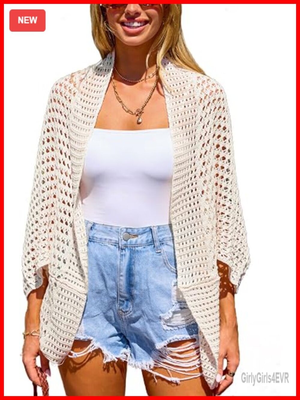 Crochet Cardigan Long Dolman Sleeves Open Front Kimono Beach Cover Up